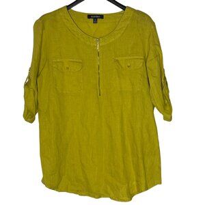 Ellen Tracy Linen Popover Top Roll Tab Sleeves Chartreuse Sz LG Chest Pockets